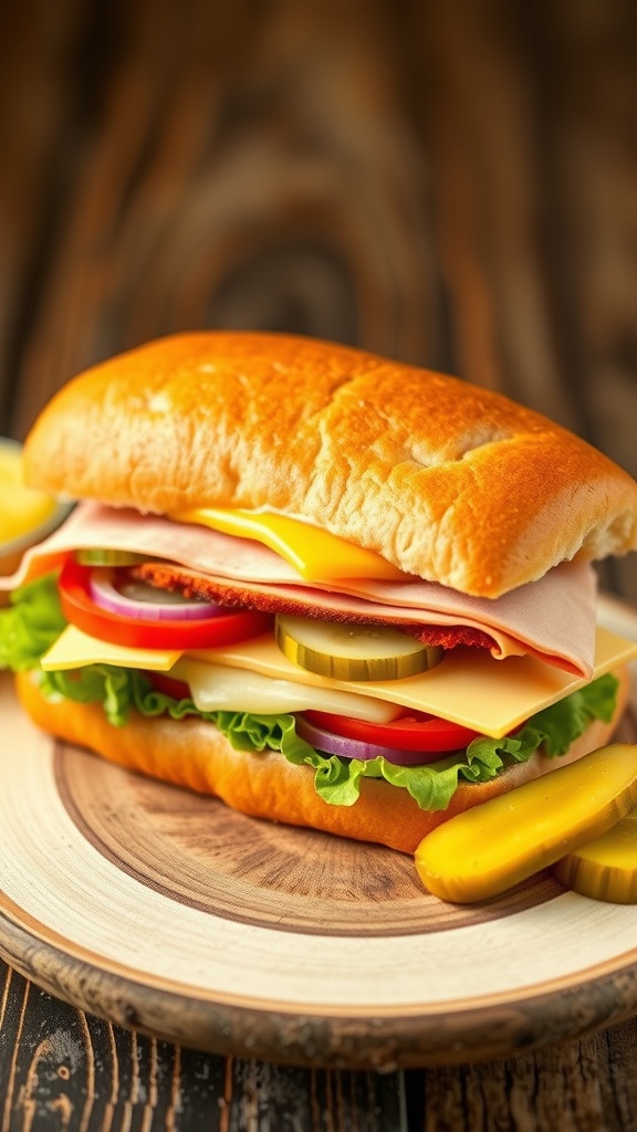 A 6-inch sandwich with turkey, cheese, lettuce, tomatoes, and cucumbers on a wooden board with pickles and mustard.